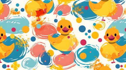 Vibrant seamless pattern featuring happy ducks with smiles, illustrated in a playful clip art style with a bright and colorful palette