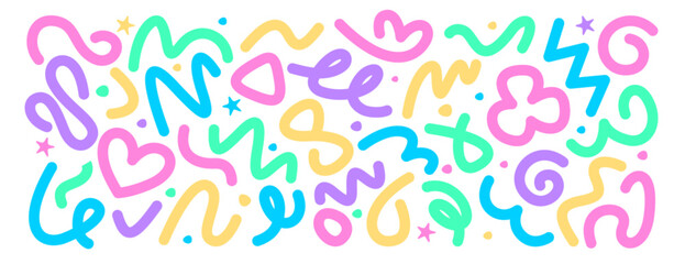 Colorful squiggly line, abstract squiggles in doodle style. Color hand drawn various shapes, strokes and stars. Freeform childish bold scribbles. Trendy design elements for children party celebration.