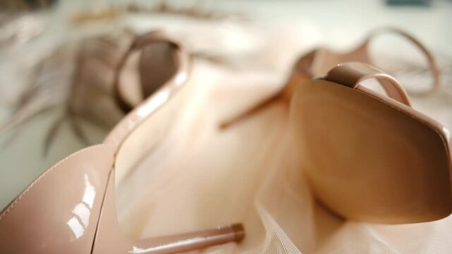 A beige pair of strappy heels on a piece of tulle