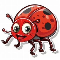 Obraz premium Colorful and vibrant cartoon illustration of a cheerful ladybug with big expressive eyes and a cute smile, isolated on white
