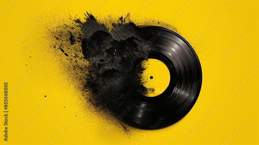 Poster a black record with a yellow circle on it is splattered with black paint. the splatter looks like a 