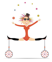 Equilibrist woman on the unicycle juggles balls.  Sexy young woman in the top hat balances on two unicycles and juggles the balls. White background  © bigmen