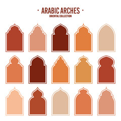 Islamic frames, oriental style objects. Arabic shapes, windows and arches. Traditional ornamental banner, frame. Muslim holidays, Ramadan Kareem. Modern eastern architecture. Vector illustration