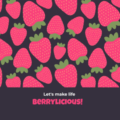 Cute summer card with pink strawberries and funny phrases. Vector illustration on a dark background