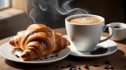 Cozy cafe with steaming cups of coffee and pastries