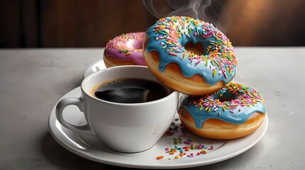 Cozy cafe with steaming cups of coffee and pastries