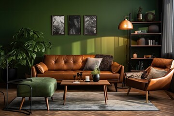 Elegant and cozy living room interior brown and green colored furniture and wooden elements