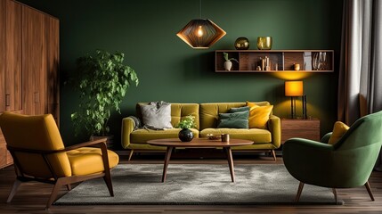 Obraz premium Elegant and cozy living room interior brown and green colored furniture and wooden elements