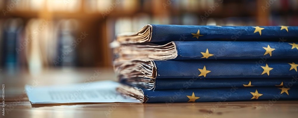Poster a stack of documentation with the heading ai regulation is placed on a wooden table, highlighting eu