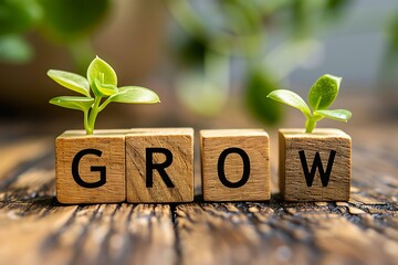 Grow spelled out on wooden blocks, plant blurred background.