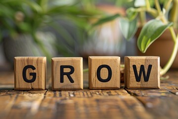 Grow spelled out on wooden blocks, plant blurred background.