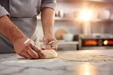 A person in a chef's uniform stretching dough on a floured marble countertop in a professional kitchen..