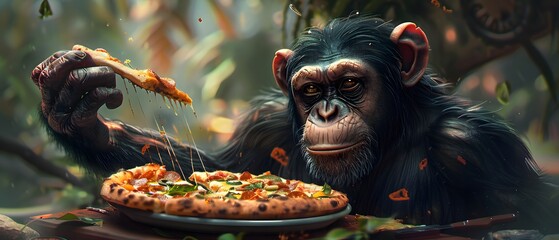 Doodle art, Italian Primate Feast, Create a story about a primate who becomes an expert in Italian cuisine, especially pizza., polychromatic