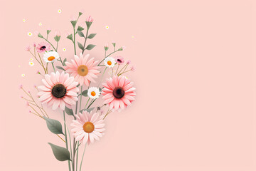 A delicate bouquet of pink and white daisies with green leaves,  on a soft pink background. Perfect for spring and floral designs.