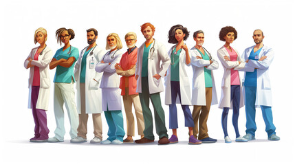 Fototapeta premium Group of diverse medical professionals, including doctors and nurses, standing together, showcasing unity and collaboration in the healthcare sector.
