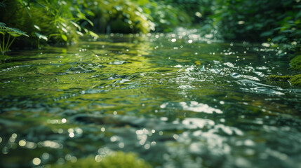 Fototapeta premium Reflective Stream Water with Evergreen Surroundings