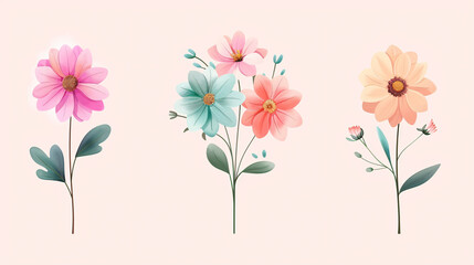 Naklejka premium A set of three watercolor flower illustrations in pink, blue, and yellow. The flowers are delicate and elegant.