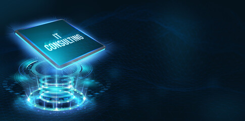 IT consultant presenting tag cloud about information technology. 3d illustration