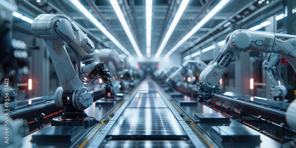 Aufkleber automated assembly line with robotic arms