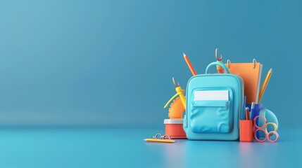 3d render of blue backpack filled with school supplies for online learning concept on blue gradient background