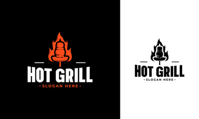 Hot grill logo design. BBQ time symbol with sausage, cutlets and fire concept