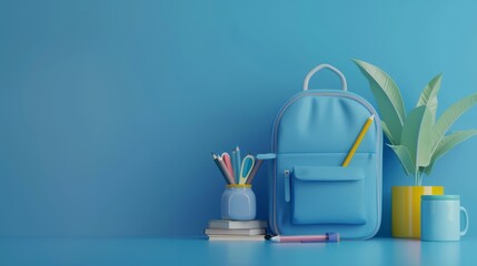 3d render of blue backpack filled with school supplies for online learning concept on blue gradient background