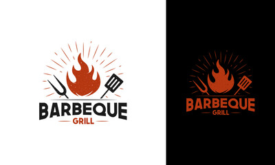 Retro barbeque logo design. BBQ symbol with fire, spatula, and fork concept for steak restaurant