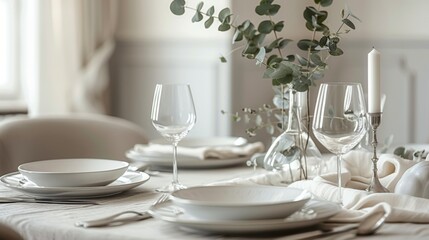 A refined dining table set with minimalist white plates, silver cutlery, and a single sprig of eucalyptus in a glass vase, creating a sophisticated setting.
