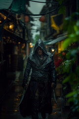 enigmatic rogue in a moonlit alley cloaked in shadows with a mysterious and intense gaze, body
