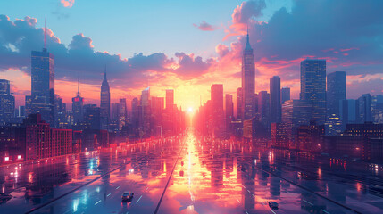 Obraz premium A city skyline with a sunset in the background