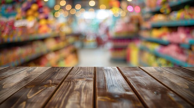 a close up of a rustic empty wooden table with blurred candy shop background