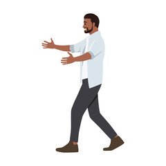 Young bearded man ask for a hug side view. Flat vector illustration isolated on white background