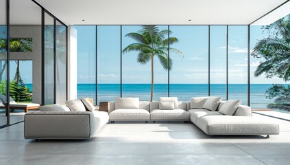 A large window overlooks the ocean, and a couch and coffee table are in the room