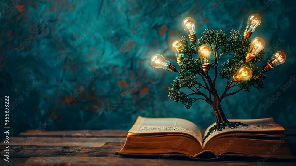 Poster a whimsical tree of illumination sprouting from an open book symbolizing the growth of ideas