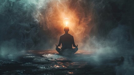 Obraz premium Silhouetted Figure Meditating with Glowing Light Bulb Above Representing Enlightenment and Inner Ideas