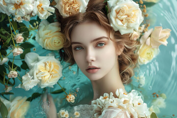 Obraz premium Portrait of a beautiful young woman with clean, fresh skin. Spring and summer inspiration. The concept of perfumery cosmetics. An idea for a postcard, an advertisement, a banner.