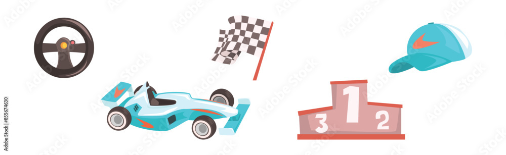 Poster racer object and items for speed racing competition vector set