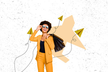 Creative collage image young beautiful lady model paper airplane airport departure duty free...