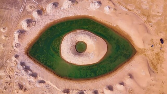 Aerial view of the Artificial Eye Lake in the Tengger Desert, Inner Mongolia Autonomous Region, China. Human ingenuity and the creation of striking artificial landscapes in harsh desert environments.