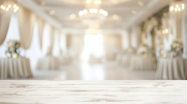 a close up of a rustic empty wooden table with blurred wedding background