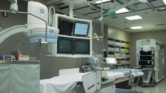 Tilt Down to Reveal Hospital Cath Lab - Slow Motion - 4K UHD