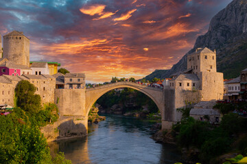 Stari Most bridge at twilight in old town of Mostar, Bosnia and Herzegovina. Mostar cityscape at...