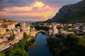 Stari Most bridge at twilight in old town of Mostar, Bosnia and Herzegovina. Mostar cityscape at...