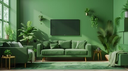 Green wall mounted tv on cabinet in living room with green sofa and decor accessories,minimal design- 3D rendering
