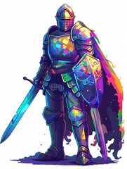 Fototapeta premium Pixel knight, shining armor, 8bit art style, vibrant colors, sidescrolling game perspective, detailed pixels, epic pose, retro adventure ambiance