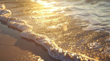 Gleaming sunlight reflects on crashing wave foam