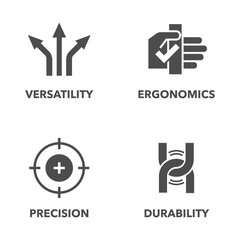 Hand tool characteristics icons for labeling, monochrome style