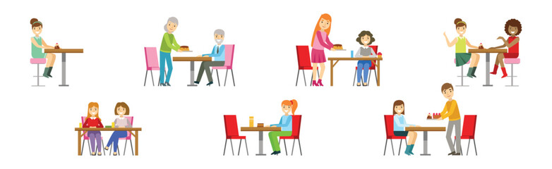 People Character Eating Food at Cafe Sitting at Table Vector Set