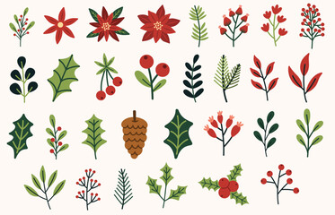 Christmas florals and foliage elements set. Holly, winterberries, eucalyptus, pine cone, mistletoe, poinsettia. Buildable decorative and festive floral arrangement. Hand drawn vector illustrations.
