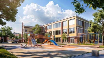 Traditional public school building exterior with playground, educational facility in urban setting